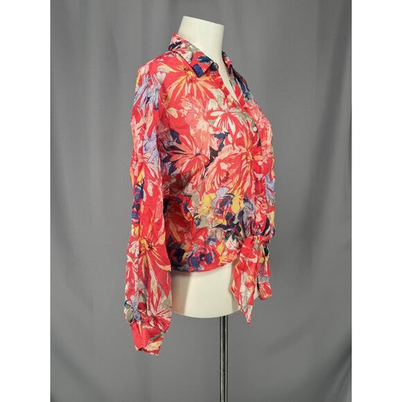 Vince Camuto Shirt Womens Medium Multicolor Floral Sheer Button Front Tie Hem - Picture 4 of 9